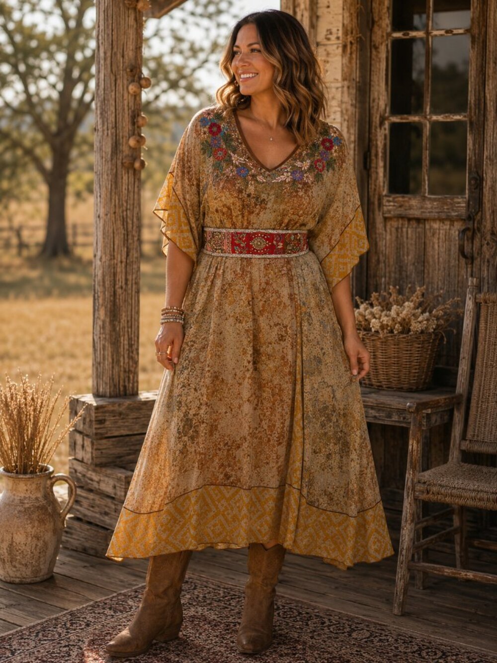 Soft Surroundings Embroidered Boho Kaftan Maxi Dress with Beaded Belt